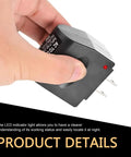 Hand holding a 220V to 12V AC DC Converter Wall Outlet Cigarette Lighter Adapter with LED light indicator for easy use.