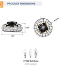 15.7" Flush Mount Caged Ceiling Fan with Light measuring 15.7" diameter, featuring a black wire cage and 4 E12 bulb sockets.