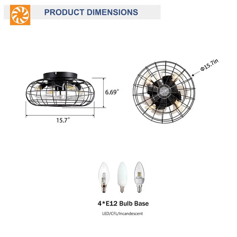 15.7" Flush Mount Caged Ceiling Fan with Light measuring 15.7" diameter, featuring a black wire cage and 4 E12 bulb sockets.