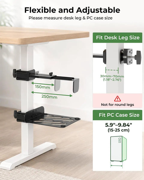 Heavy Duty Under Desk PC Mount For Standing Desk No Fuss Clamp adjustable for desk leg sizes 3cm to 7cm, fits PC cases 5.9" to 9.84".