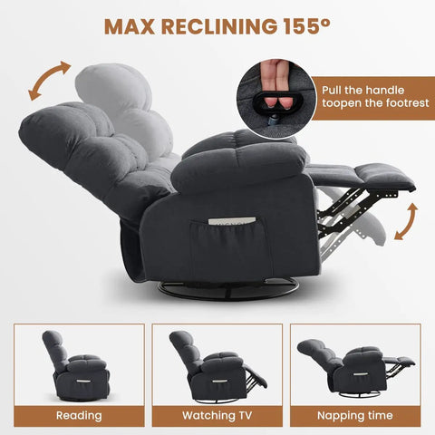 Reclined view of 360 Degree Swivel Rocker Recliner For Adults Comfy Space Saving Manual Glider Chair with footrest up.