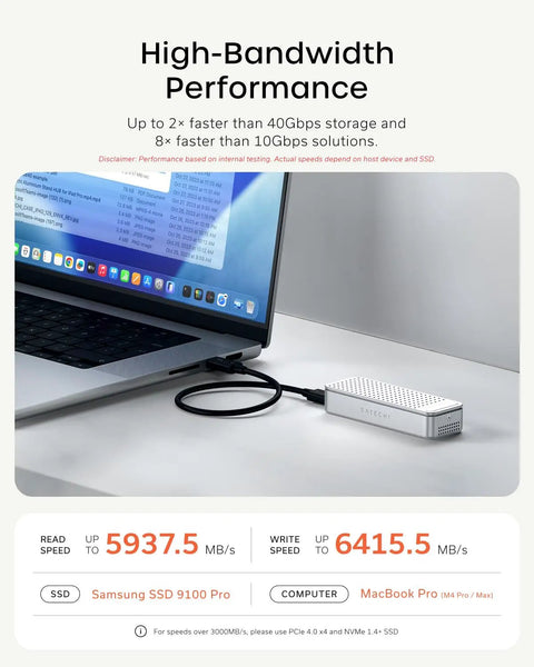 Rad Speed 80Gbps NVMe SSD Enclosure With Direct Hook Up USB4 V2 Connector And Active Cooling for fast data transfer to MacBook.