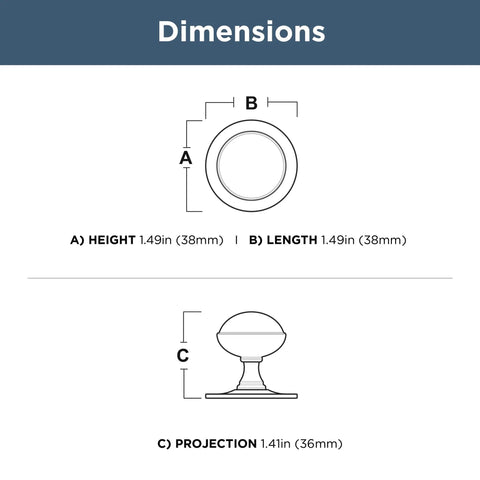 Dimensions diagram for 10 Pack Modern Gold Cabinet Knobs 1-1/2 Inch Kitchen Cabinet Handles And Drawer Knobs For Cupboards, Dressers
