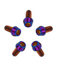 Five Pack Titanium M6x1 Thread 25mm Hex Socket Head Bolts For Bike Stem Burnt Blue Titanium Finish Tapered Head Go To Heavy Duty Lightweight Rust Resistant Screws Set For Road And Mountain Bikes in radial arrangement