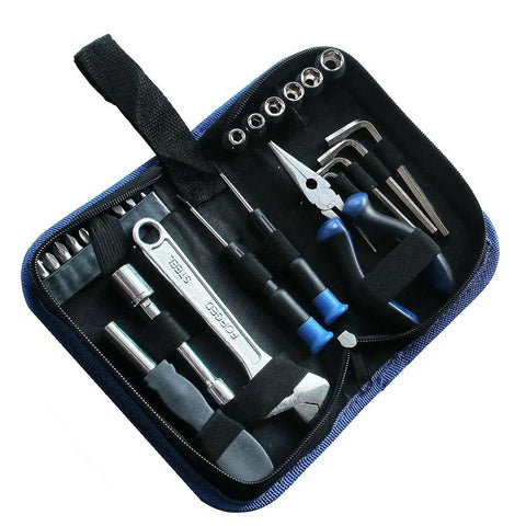 Compact 28 Piece Motorcycle Tool Kit For On The Road Repairs Under The Seat Grab And Go Travel Ready Essentials in open case