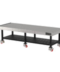 Robust Welding Fixture Workbench With Spacious Bottom Shelf And Easy Roll Handle, dimensions 120x48x36 inches, laser cut grid and locking casters.