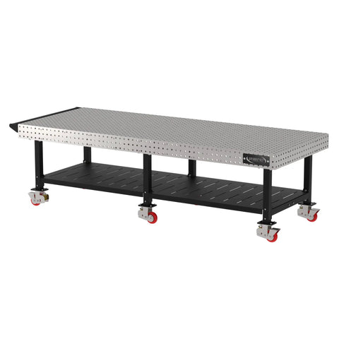 Robust Welding Fixture Workbench With Spacious Bottom Shelf And Easy Roll Handle, dimensions 120x48x36 inches, laser cut grid and locking casters.