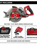 7-1/4 Inch Brushless Cordless Circular Saw Kit With Rear Handle Grip includes saw, battery, charger, and contractor bag.
