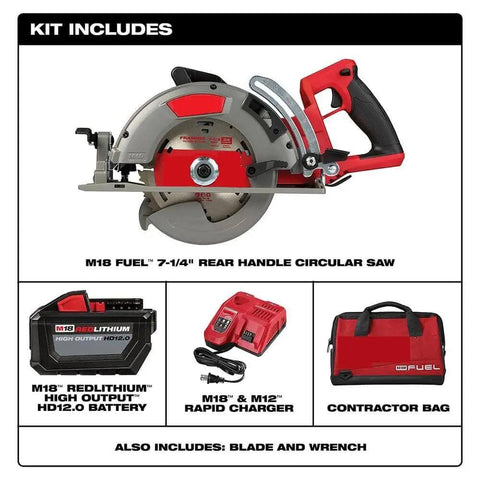 7-1/4 Inch Brushless Cordless Circular Saw Kit With Rear Handle Grip includes saw, battery, charger, and contractor bag.