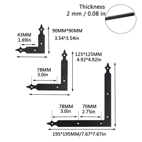 Set Of Four L Shape Corner Brackets In Carbon Steel With Black Anti Rust Coating For Sliding Barn Doors Functional And Decorative 90x90mm 125x125mm 195x195mm Sizes Ideal For Garage Doors Gates Shutters And Furniture, diagram with dimensions and thickness details