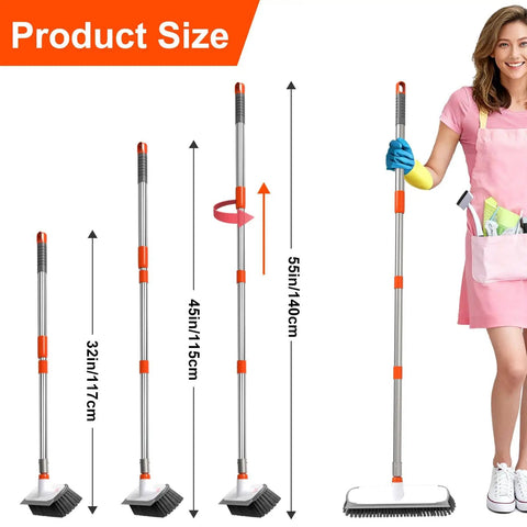 Mean 2 In 1 Deck Scrub Brush With Long Handle Heavy Duty Floor Cleaner Scrubber with Stiff Bristles and Built In Squeegee showing product size and handle adjustments
