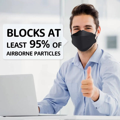 Man wearing 50 Pack KN95 Face Masks Breathable And Comfy Disposable Black Respirators With Over 95 Filtration for everyday protection