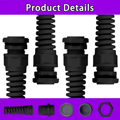 22Pcs Waterproof Cable Gland Conduit Fittings Set With Gasket Six Sizes From 3Mm To 18Mm Flexible Spiral Strain Relief Black Nylon