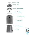 Exploded view of Livestock Tank Valve With Nylon Resin Black Finish Easy Install components labeled, including cap and float.