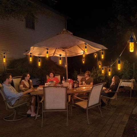 Flickering Flame Outdoor String Lights 27 Ft USB Charged Waterproof Patio Decor For Garden Backyard Party Christmas Warm Yellow LED Bulbs With 10 Flame Effect LEDs And Easy Hanging Design For Deck Porch Or Fence To Create Cozy Yard Vibes