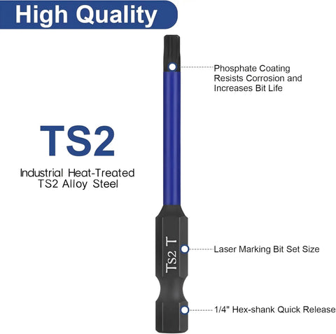 Rock Hard Impact Security Torx Bit Set Includes Twelve Premium S2 Steel Driver Bits With Bulletproof Magnetic Tips Perfect For Any Grease Monkey Garage Work Or Weekend DIY Gigs You Are Fully Committing To, TS2 heat-treated alloy steel bit with quick release.