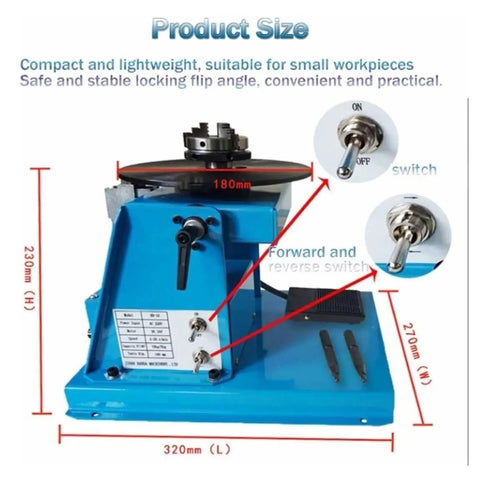 Pro Grade Rotary Welding Positioner With 65Mm Chuck, Smooth 0-90 Rotation Table For Pipe Fabrication, showing size specifications and controls.