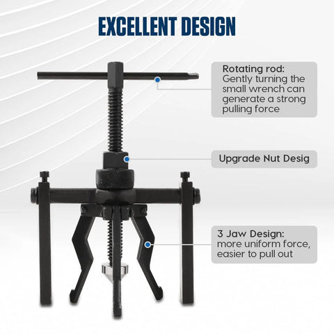 Three Jaw Bearing Puller Tool Kit For Pilot And Blind Bearings with sturdy CR-V Steel and three-jaw design highlighting features