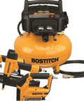 Top Shelf 6 Gallon Electric Air Compressor With Oil Free Pancake Tank And 150 Psi Pressure Combined With A Hardcore Three Piece Tool Combo Kit.