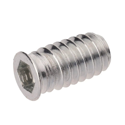 Solid Wood Threaded Nut Set With 125 Pieces Of Screw-In Inserts And Bushings, close-up of a metal threaded insert.