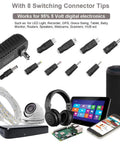 5V 2A Power Supply Charger With 8 Interchangeable Tips For TV Boxes, LED Strips, Tablets, Cameras, Webcams, Speakers, Routers And More; 6 Foot Cable, Worldwide 100 240V AC Adapter, 10W Output. Black adapter with eight tips and connected cable, shown with 5V electronics.