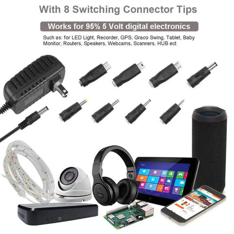 5V 2A Power Supply Charger With 8 Interchangeable Tips For TV Boxes, LED Strips, Tablets, Cameras, Webcams, Speakers, Routers And More; 6 Foot Cable, Worldwide 100 240V AC Adapter, 10W Output. Black adapter with eight tips and connected cable, shown with 5V electronics.