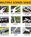 Image showing multiple features of the EDC Upgraded 17 In 1 All In One Multitool with pliers, knife, wire cutter, screwdriver, and more.
