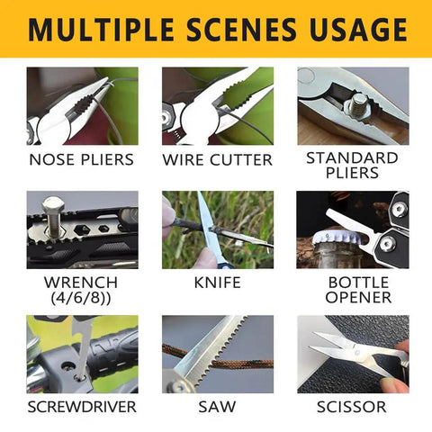Image showing multiple features of the EDC Upgraded 17 In 1 All In One Multitool with pliers, knife, wire cutter, screwdriver, and more.