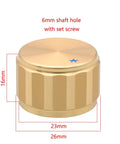 Product image of a 4 Pack Heavy Duty Machined Aluminum Control Knobs For High Fi Receivers And Turntables Featuring Solid One Piece Frame And Grippy Tread Pattern For Smooth Flawless Volume Tweaks, gold finish, measuring 26mm in diameter.