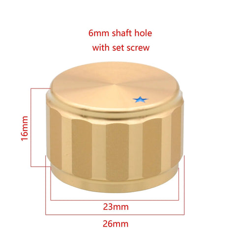 Product image of a 4 Pack Heavy Duty Machined Aluminum Control Knobs For High Fi Receivers And Turntables Featuring Solid One Piece Frame And Grippy Tread Pattern For Smooth Flawless Volume Tweaks, gold finish, measuring 26mm in diameter.