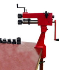 Bead Roller Machine For Sheet Metal Work Manual Flare Tool With 6 Dies on table, side-mounted, red and black model, adjustable gap.