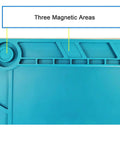 Top view of Magnetic Silicone Repair Mat For Soldering And Electronics Workbench, Great For Phones Watches Computers And More, Heat Resistant Up To 932F, 13.78 By 9.84 Inches, Durable Magnetic Surface Keeps Parts Safe, showing three magnetic areas.
