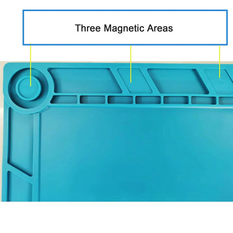 Top view of Magnetic Silicone Repair Mat For Soldering And Electronics Workbench, Great For Phones Watches Computers And More, Heat Resistant Up To 932F, 13.78 By 9.84 Inches, Durable Magnetic Surface Keeps Parts Safe, showing three magnetic areas.