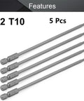 Heavy Duty T10 Security Torx Bits Built Tough As Nails S2 Steel Magnetic Screwdriver Tips Quarter Inch Hex Shank Extra Long Shaft, set of 5.