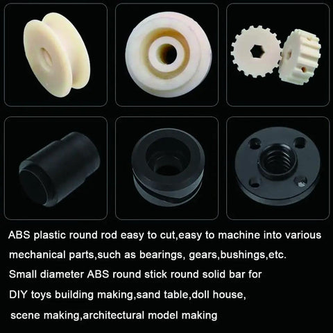 2 Inch Diameter Black ABS Plastic Rod Sturdy 12 Inch Length Round Solid Bar For Mechanical Processing DIY Projects Prototyping And Machining Durable Odorless Plastic With Good Insulation And Arc Resistance. ABS rod parts for bearings, gears, bushings, and model making