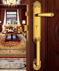 Heavy Duty Brass Entry Door Latch With Comfort Grip Handle And Smooth Operator Bolt Lock For Exterior Interior Doors And Gates on wooden door.