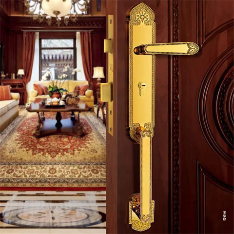 Heavy Duty Brass Door Latch For Wood Gates And Interior Doors, ornate design, mounted on a wooden door in a stylish interior.