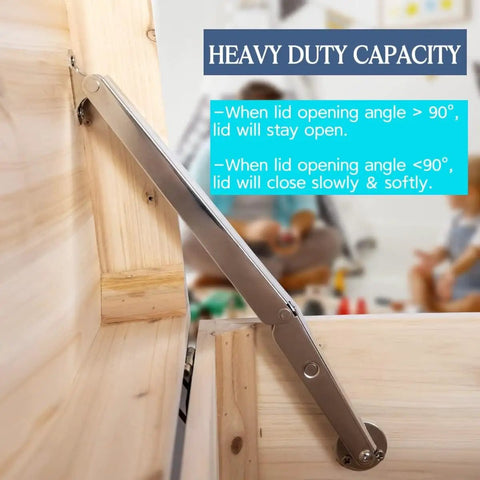 Installed 100N Heavy Duty Soft Close Lid Support Hinge For Wooden Boxes And Toy Chests shown in use, holding lid open.