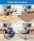 Adjustable Desktop Drill Stand With Universal Bench Clamp and Workbench Support shown in various applications like wood and metal drilling.