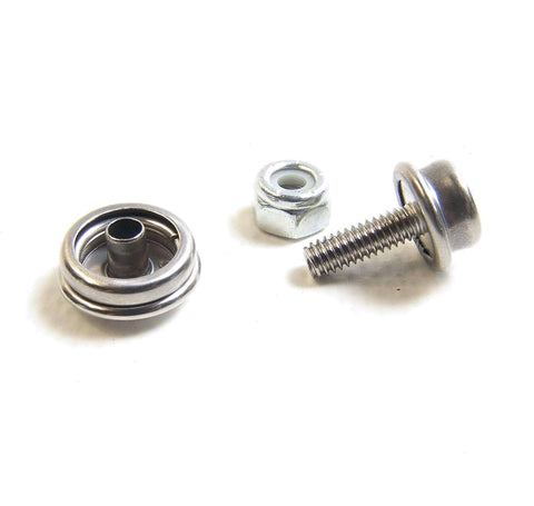 Stainless Steel Snap Cap Socket And Stud Set With One Half Inch Number Eight Machine Screws, 32 pieces, close-up view.