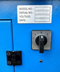 Close-up of Knockout Shop Beast 4 HP 16 Inch Cold Cut Saw control panel, showing voltage and model details.