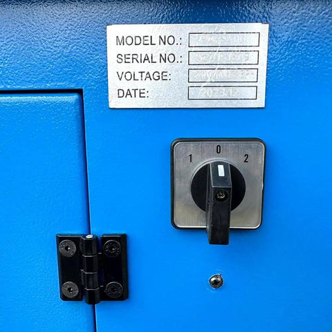 Close-up of Knockout Shop Beast 4 HP 16 Inch Cold Cut Saw control panel, showing voltage and model details.