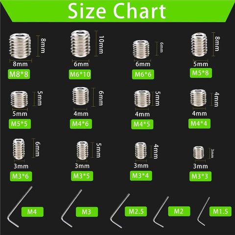 Heavy Duty Headless Cup Point Set Screws In 304 Stainless Steel M3 M4 M5 M6 M8 Assortment Kit size chart with dimensions