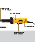 Corded Die Grinder 1-1/2 Inch Wheel, 4.2 Amp, 25,000 RPM Powerhouse for Metal Grinding, AC/DC capable with labeled features