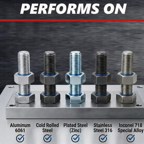 Five bolts on metal block labeled with materials: Aluminum 6061, Cold Rolled Steel, Plated Steel (Zinc), Stainless Steel 316, Inconel 718 Special Alloy.