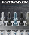 Assorted metal bolts and nuts including Aluminum 6061, Cold Rolled Steel, Plated Steel, Stainless Steel, Inconel 718 Special Alloy.