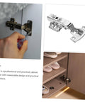HAKIDZEL 12-pack stainless steel cabinet hinges; installed on a door, close-up hinge, and interior cabinet view