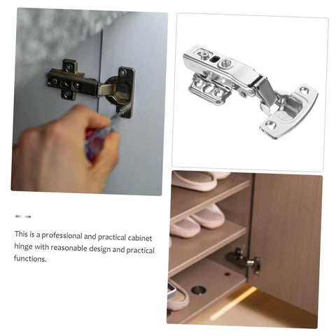 HAKIDZEL 12-pack stainless steel cabinet hinges; installed on a door, close-up hinge, and interior cabinet view