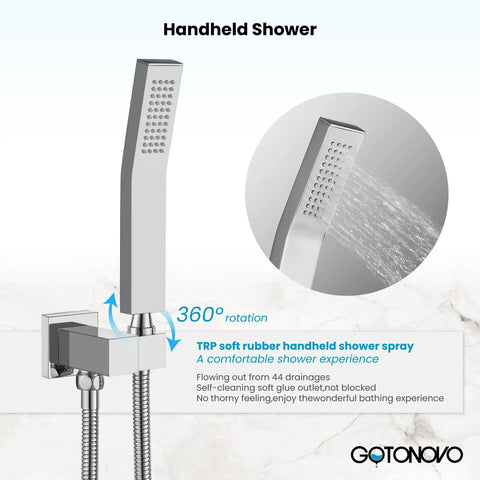 Handheld spray of Rainfall Shower System With 10 Inch Square Shower Head And Handheld Spray, High Pressure Chrome Faucet Set