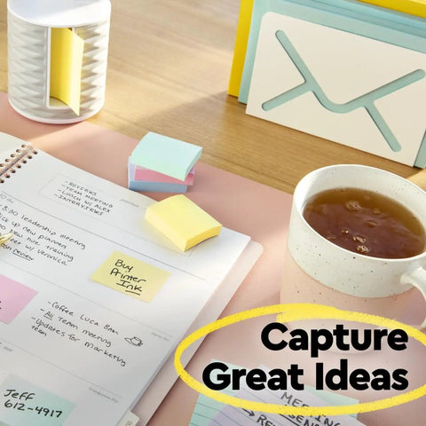 Canary Yellow Sticky Notes 3x3 Inch Set, 18 Pads With 100 Sheets Each, seen on a desk with a planner and cup of tea.